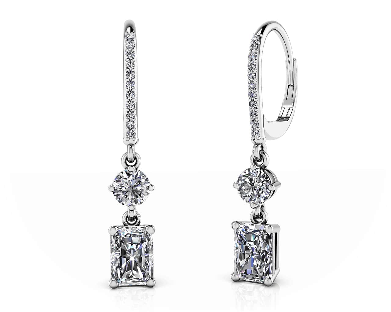 Elegant Emerald And Round Diamond Drop Earrings Diamond with 2.18 ct.(finished) 6.5x4.5mm, 1mm, 4.25mm